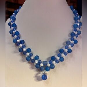 Handmade Blue and White Strand Necklace with Blue Cat’s Eye Focal 18 inches